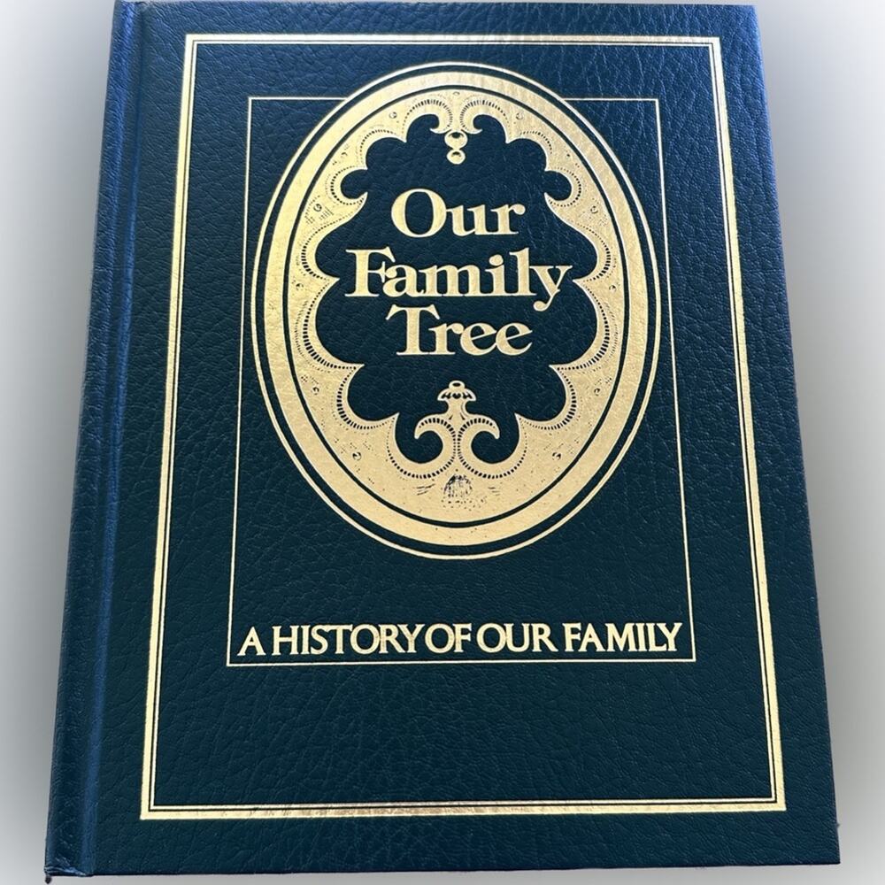 Vintage 70s blank leather bound and illustrated family tree and history journal